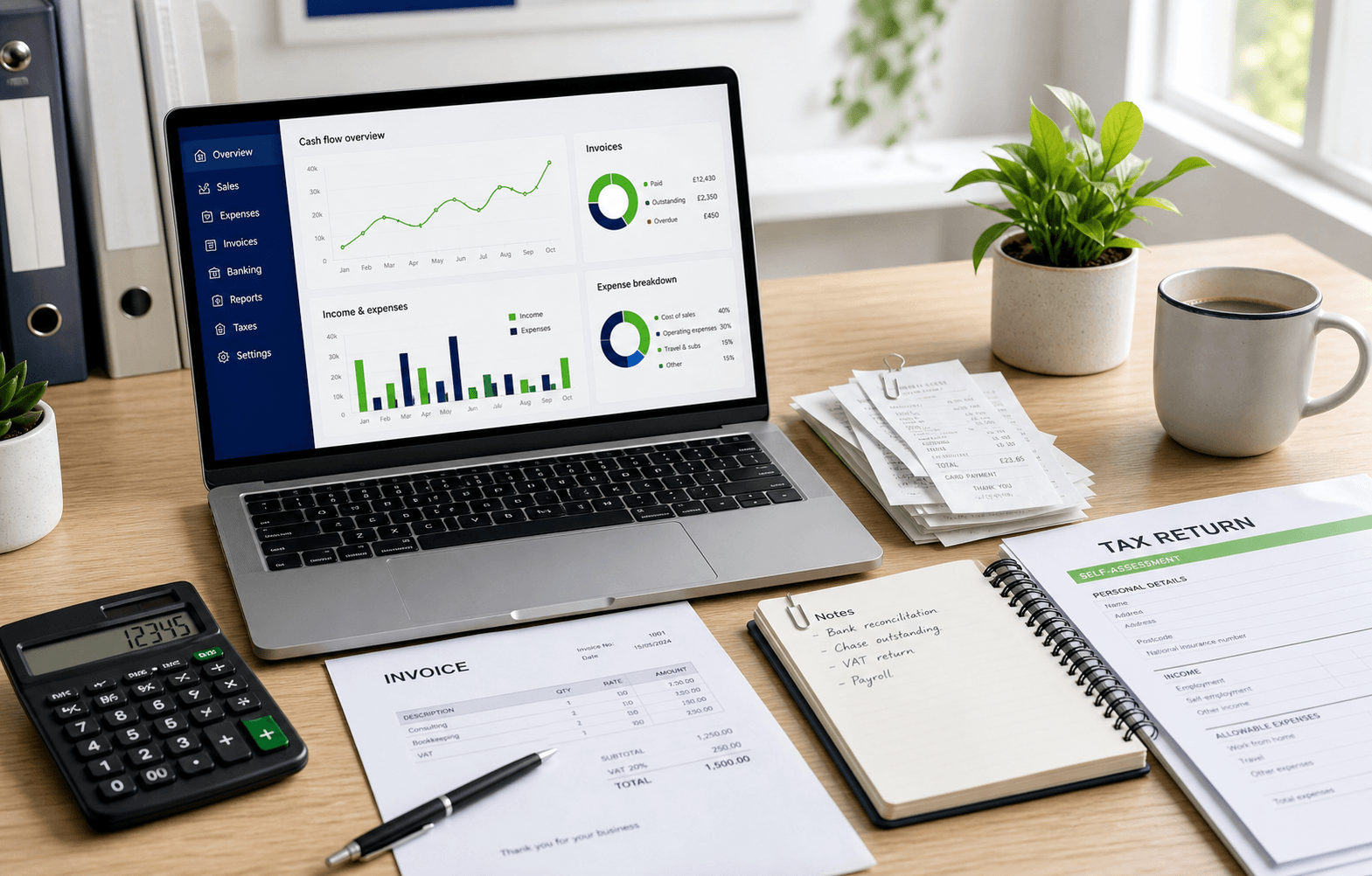 Accounting desk with laptop, calculator and paperwork